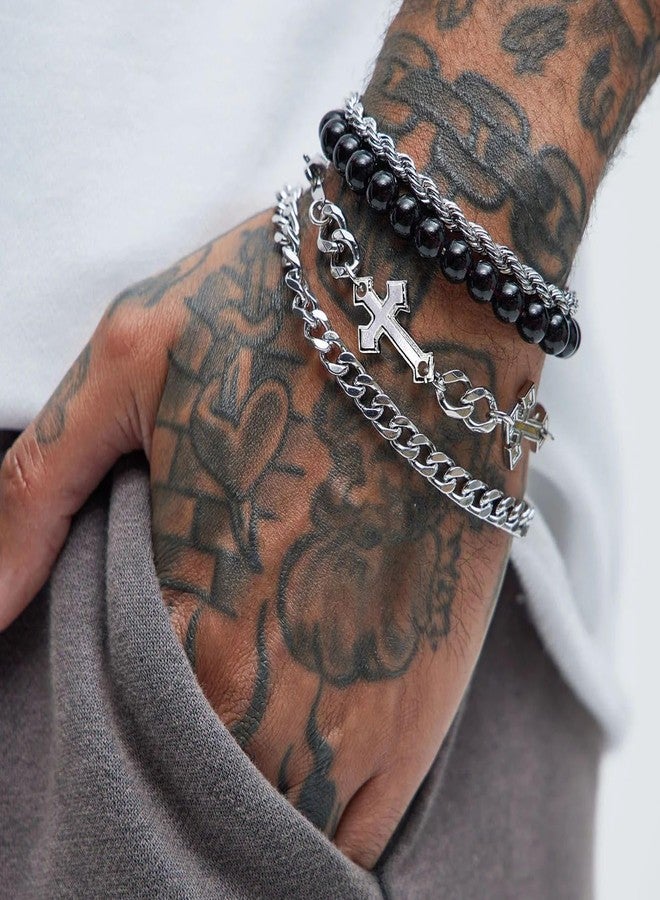 MarveBard 4 PCS Stainless Steel Cross Bracelets for Men Women Stainless Steel Cuban Link Bracelet Handmade Bead Link Punk Style Stackable Layered Cross Chain Bracelet Set Adjustable Punk Jewelry for Men (Silver) - Image 2